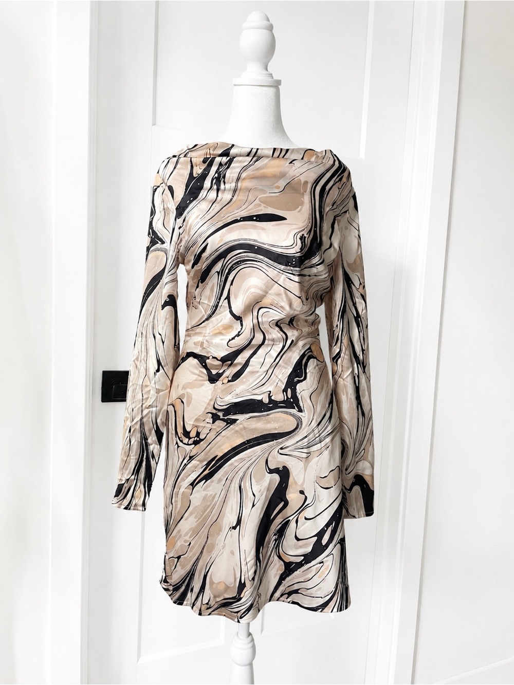 Lost + Wander Opulence Satin Marble Swirl Print Mini Dress Long Sleeve